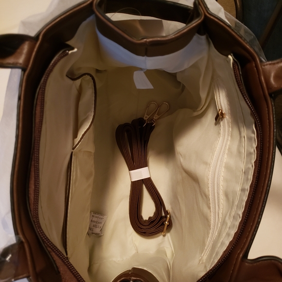 Chocolate Faux Leather Satchel Bag with Strap - Picture 4 of 4